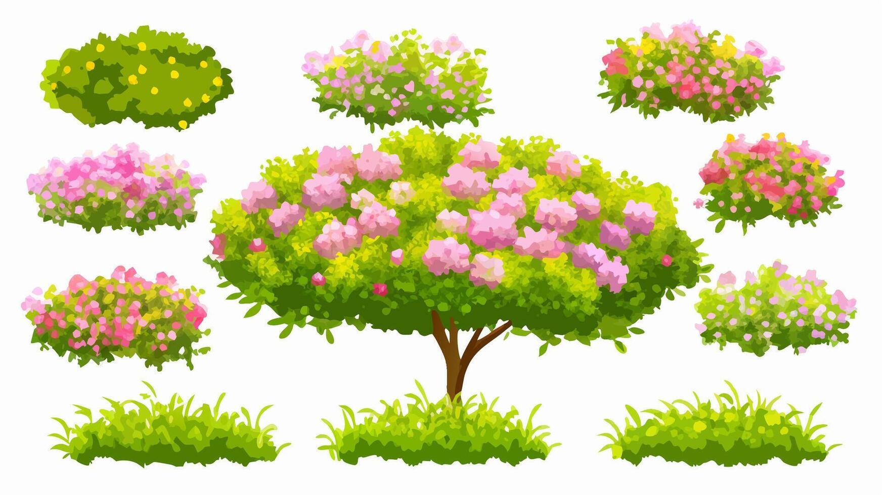 Pink Flower Bushes and Green Tree, Garden Plants vector