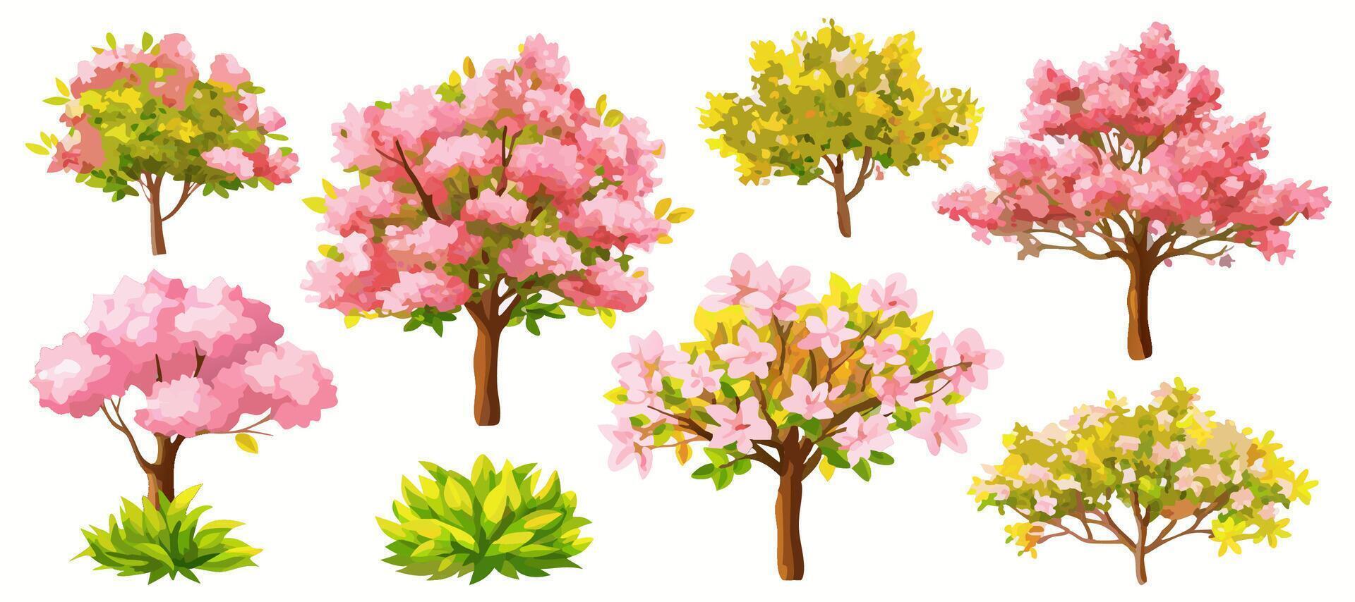 Collection of Pink and Yellow Spring Trees, Bushes, and Shrubs vector