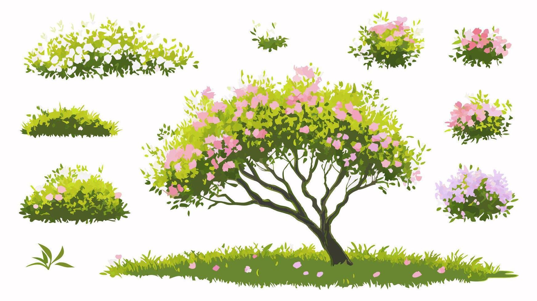 Blooming Pink and White Flower Bushes, Tree and Grass vector