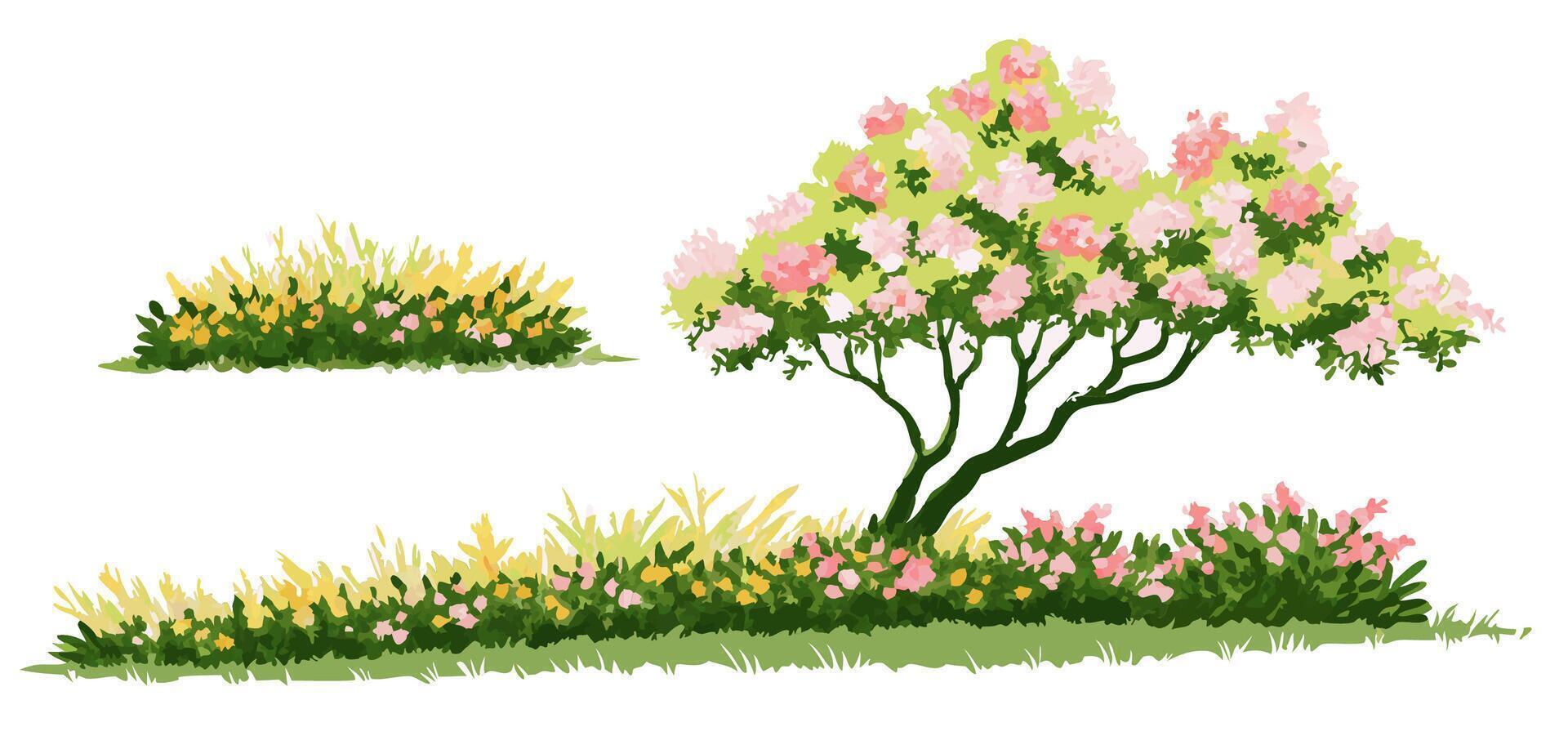 Blooming Pink Tree and Flower Bushes Garden Illustration vector