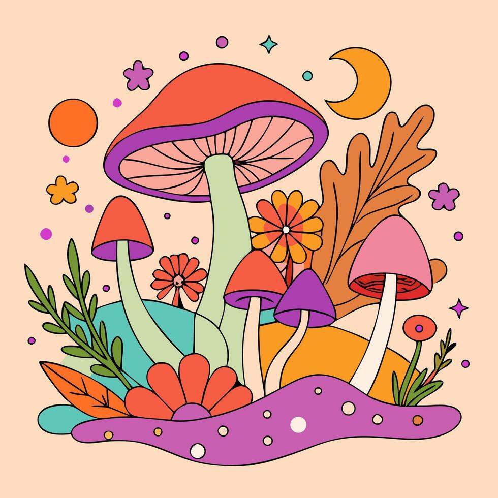 Groovy Retro Mushrooms and Flowers Illustration vector