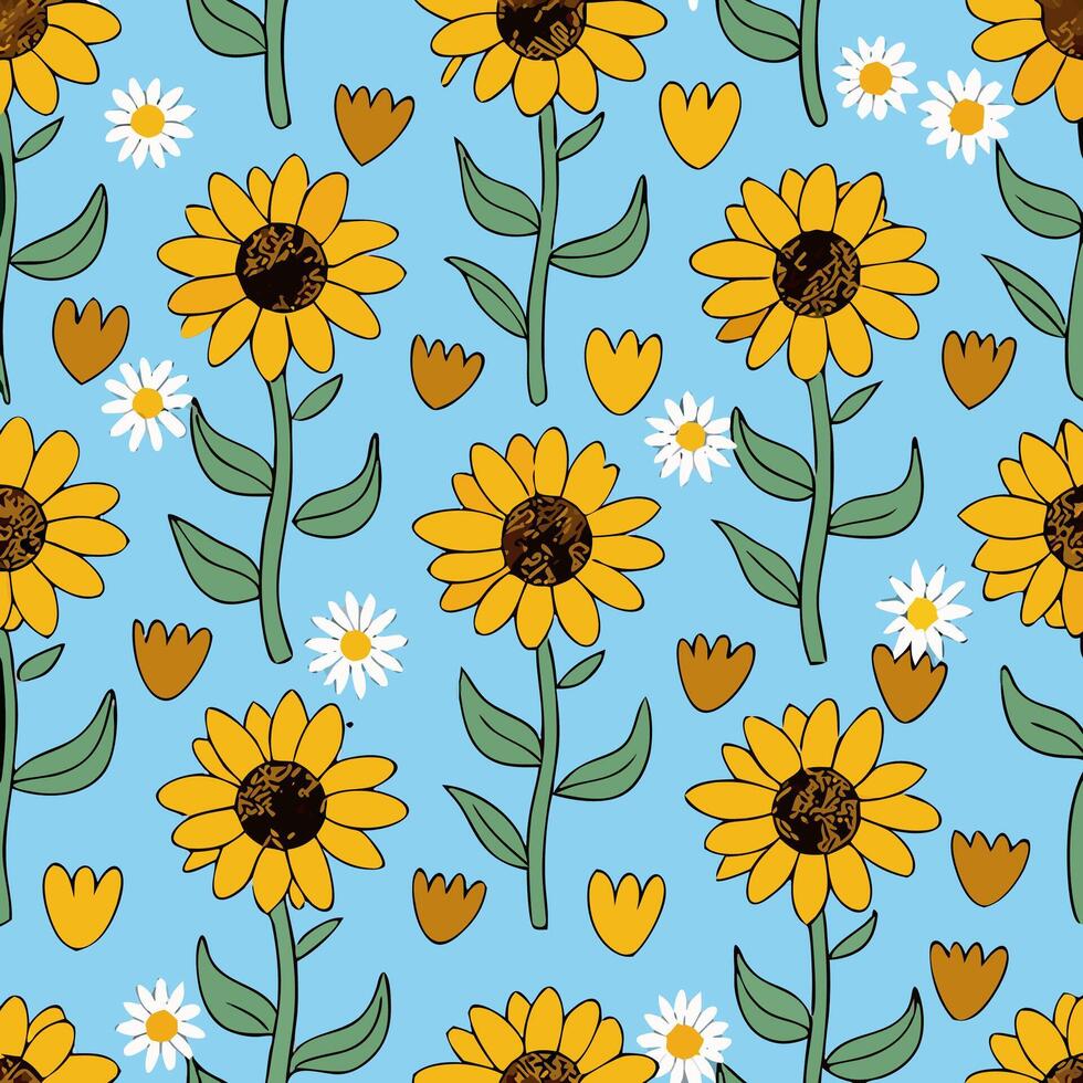 Sunflower and Daisy Seamless Pattern Light Blue Background vector