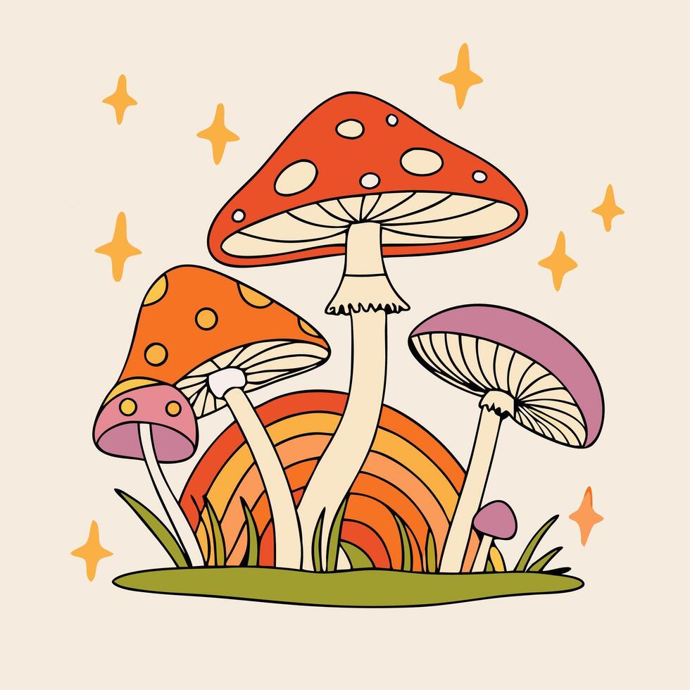 Cute Retro Mushrooms with Rainbow Background vector