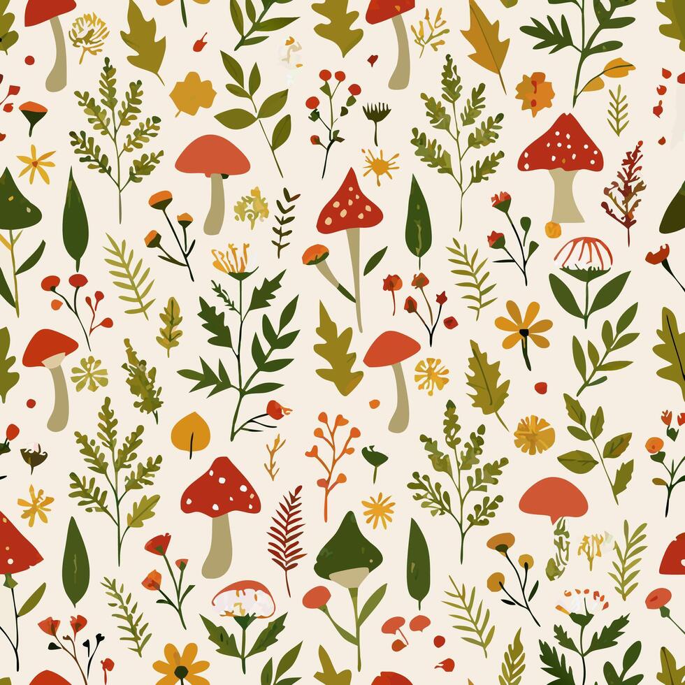 Autumn Floral Mushroom Pattern Seamless Design vector