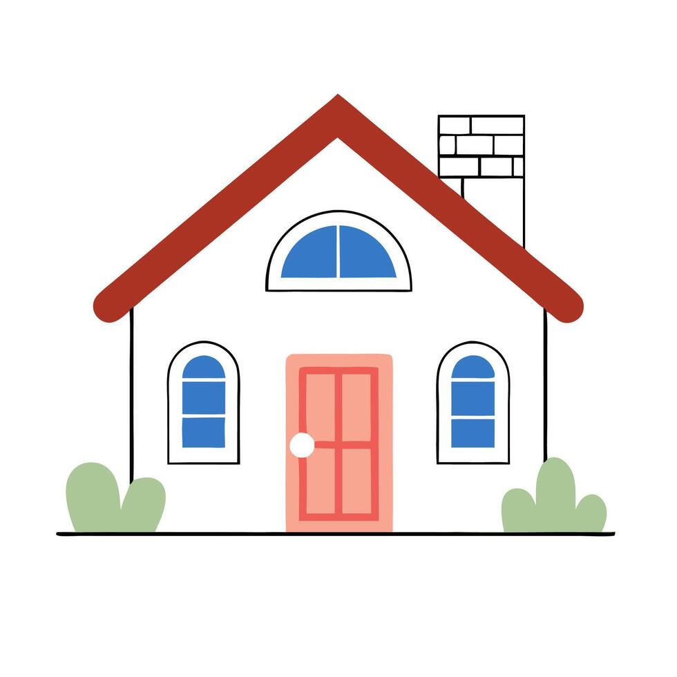 Cute Cartoon House Illustration, Red Roof, Home Icon vector