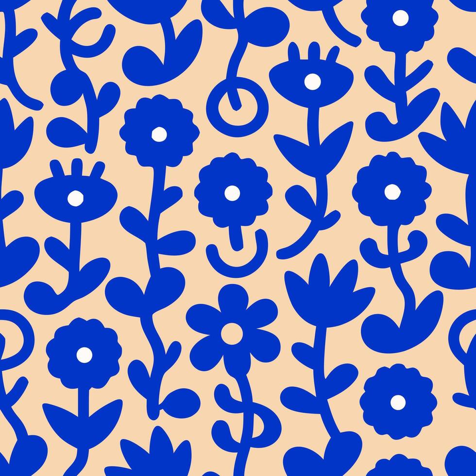 Seamless Pattern Blue Flowers on Beige Background vector