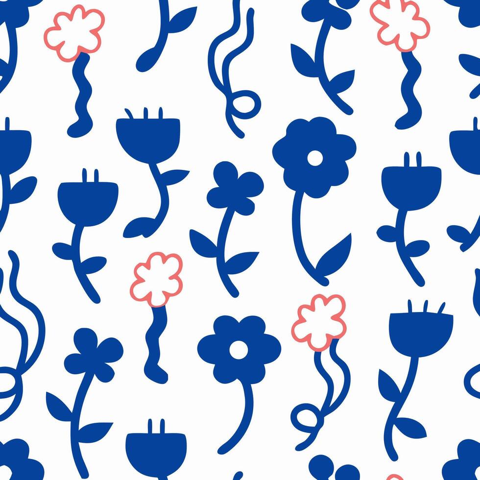 Seamless Pattern Blue and Pink Quirky Flowers vector