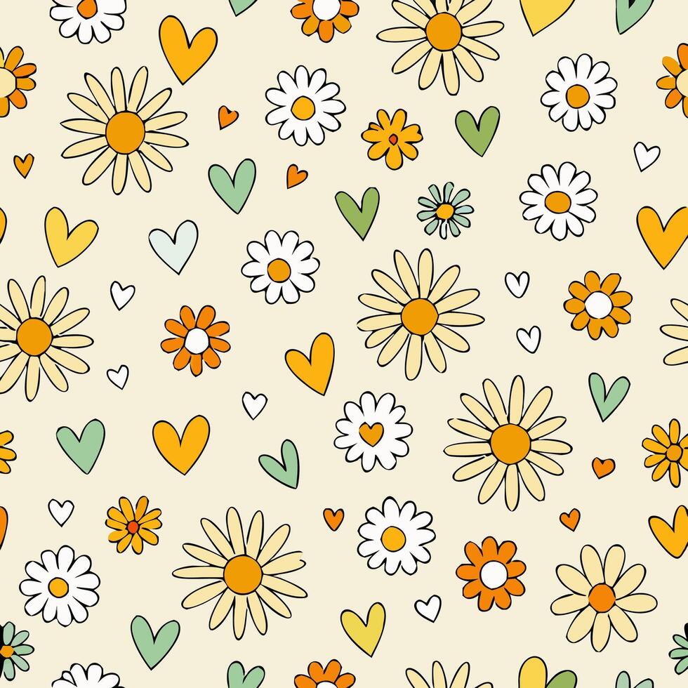 Seamless Pastel Daisy and Heart Pattern Cute Floral Background vector