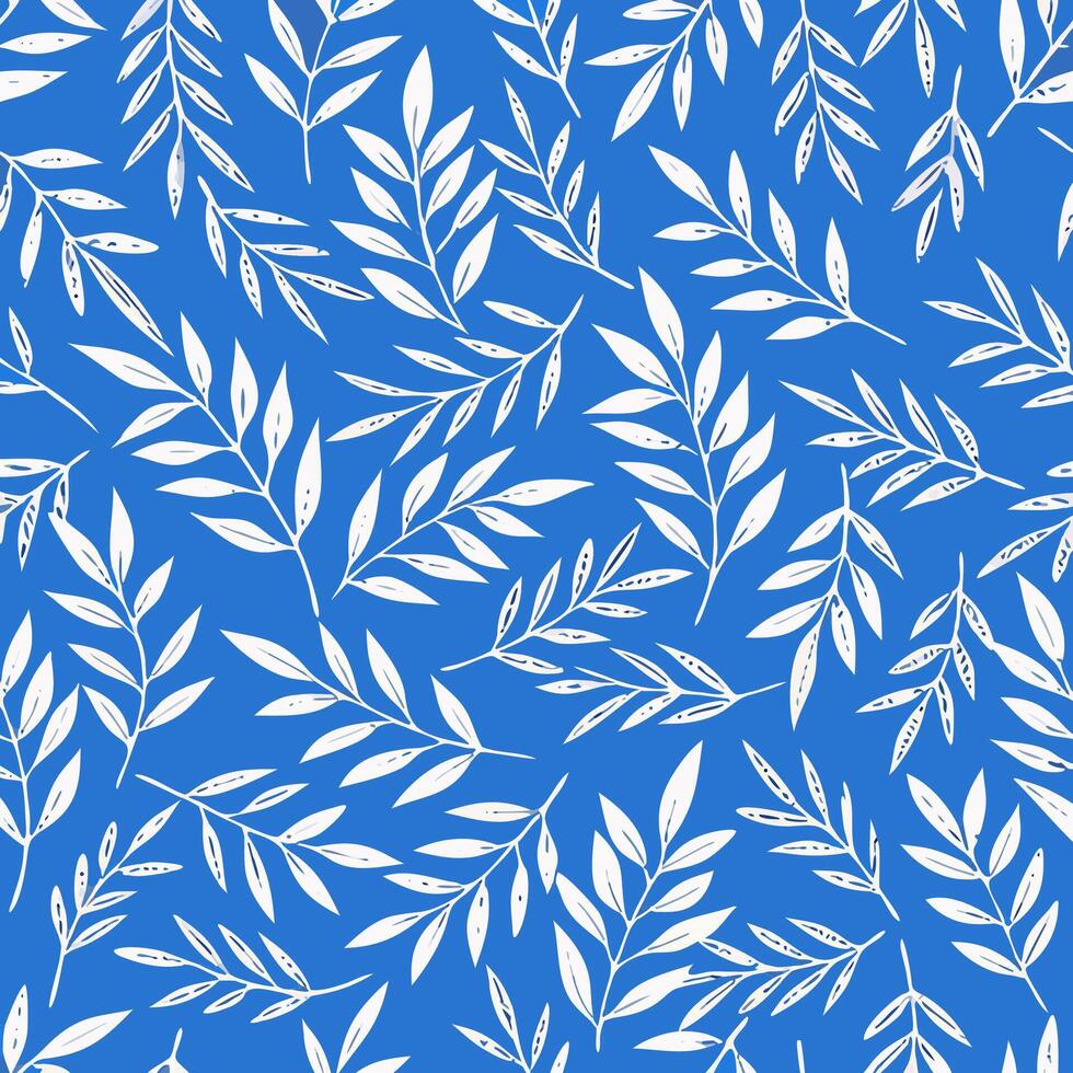 Seamless White Leaf Pattern on Blue Background vector