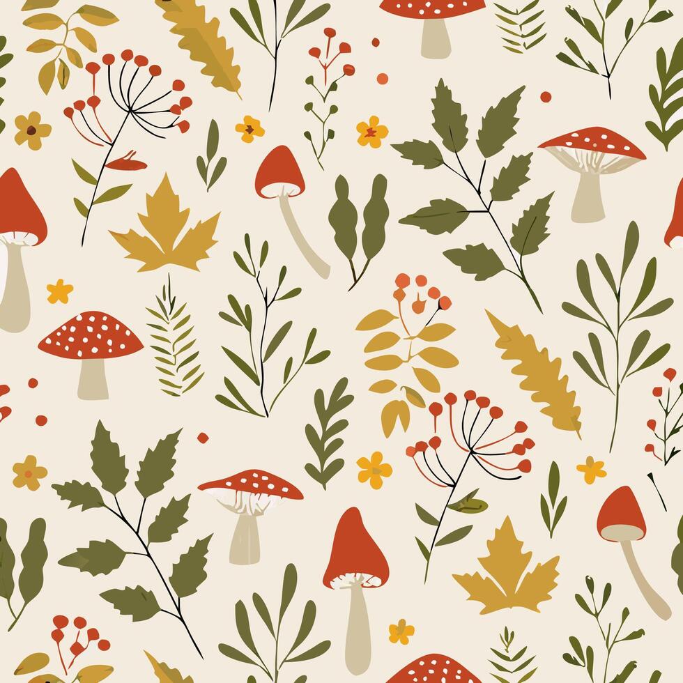 Autumn Seamless Pattern Mushrooms, Leaves and Berries vector