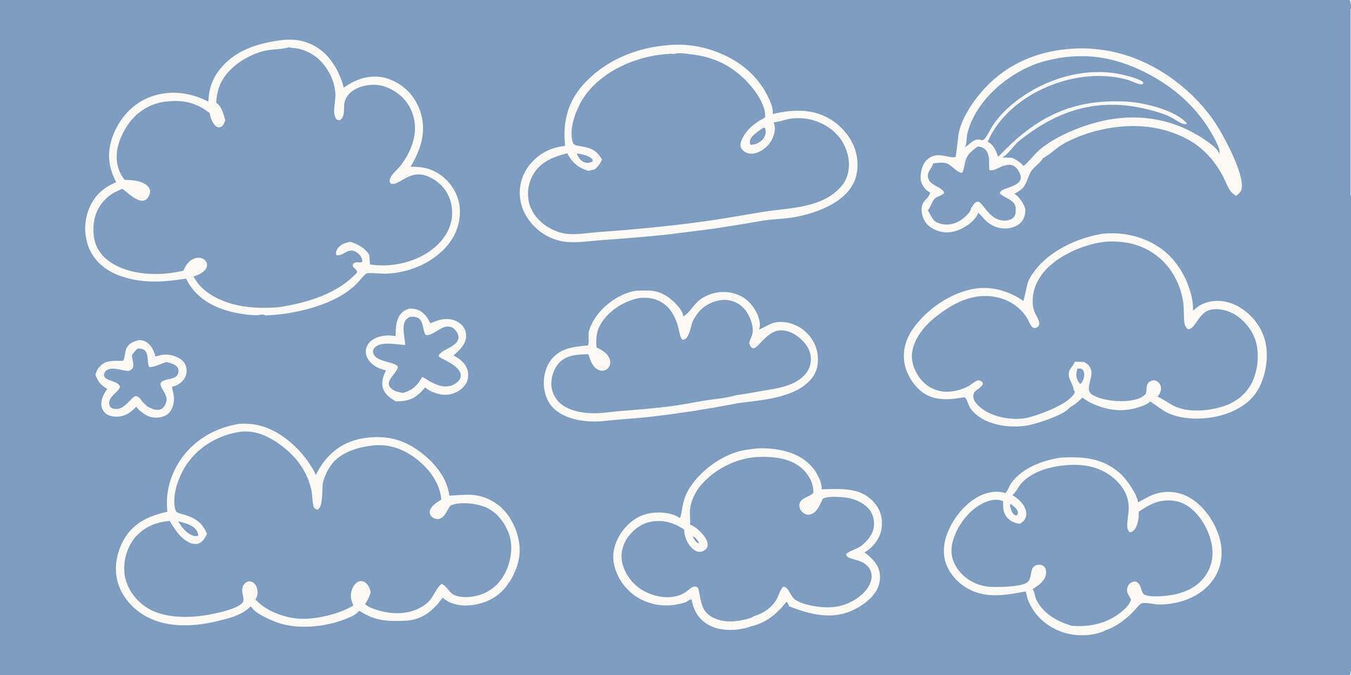 Hand Drawn Cute Clouds, Stars, and Shooting Star Clipart Set vector