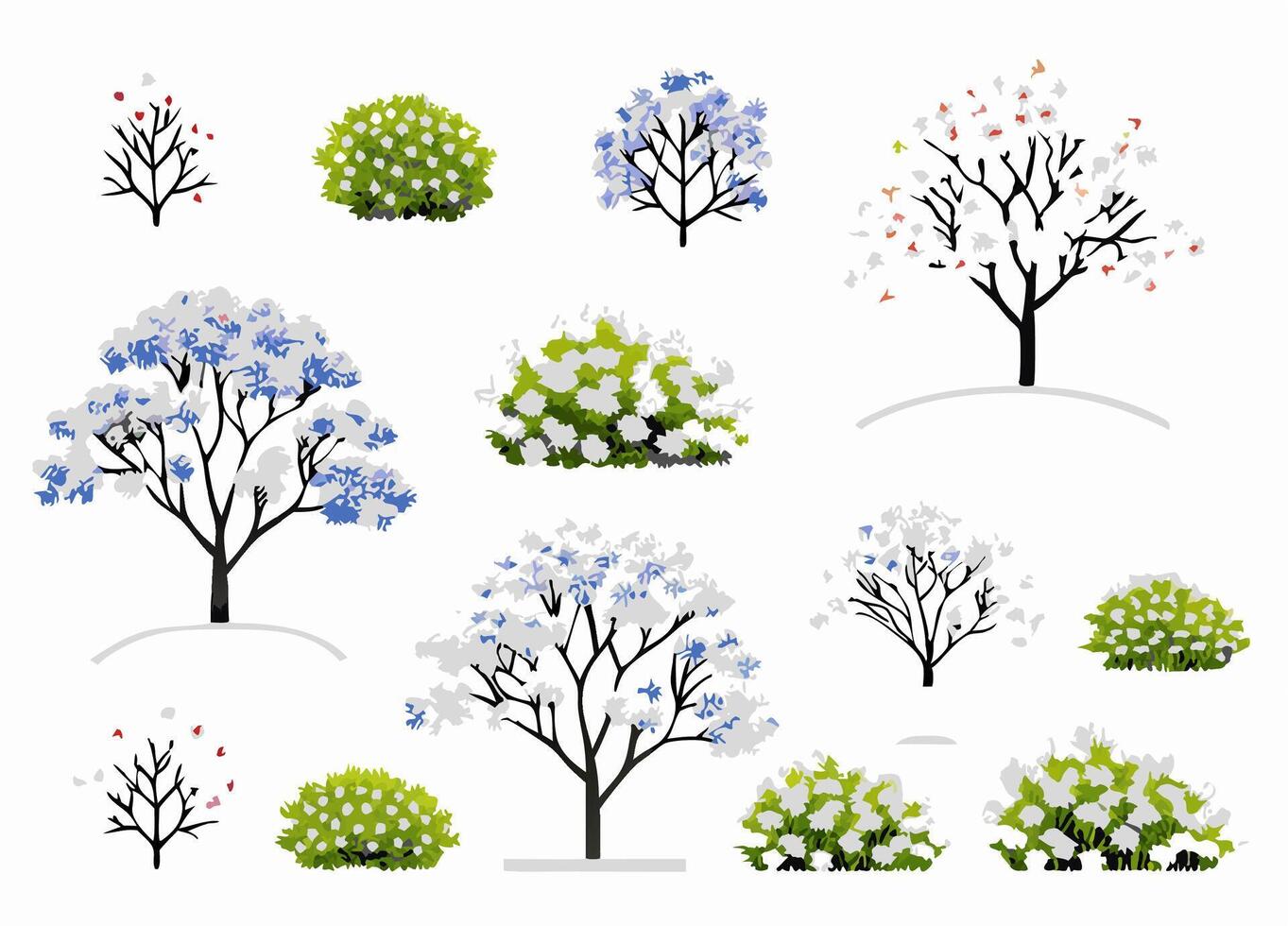 Collection of Stylized Trees and Shrubs, Spring and Winter, Landscape Design Elements vector