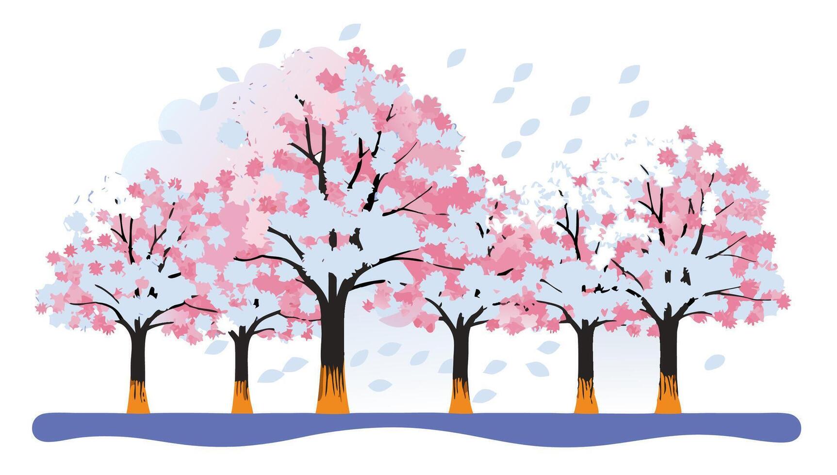 Pink and Blue Blossoming Trees, Spring Season vector