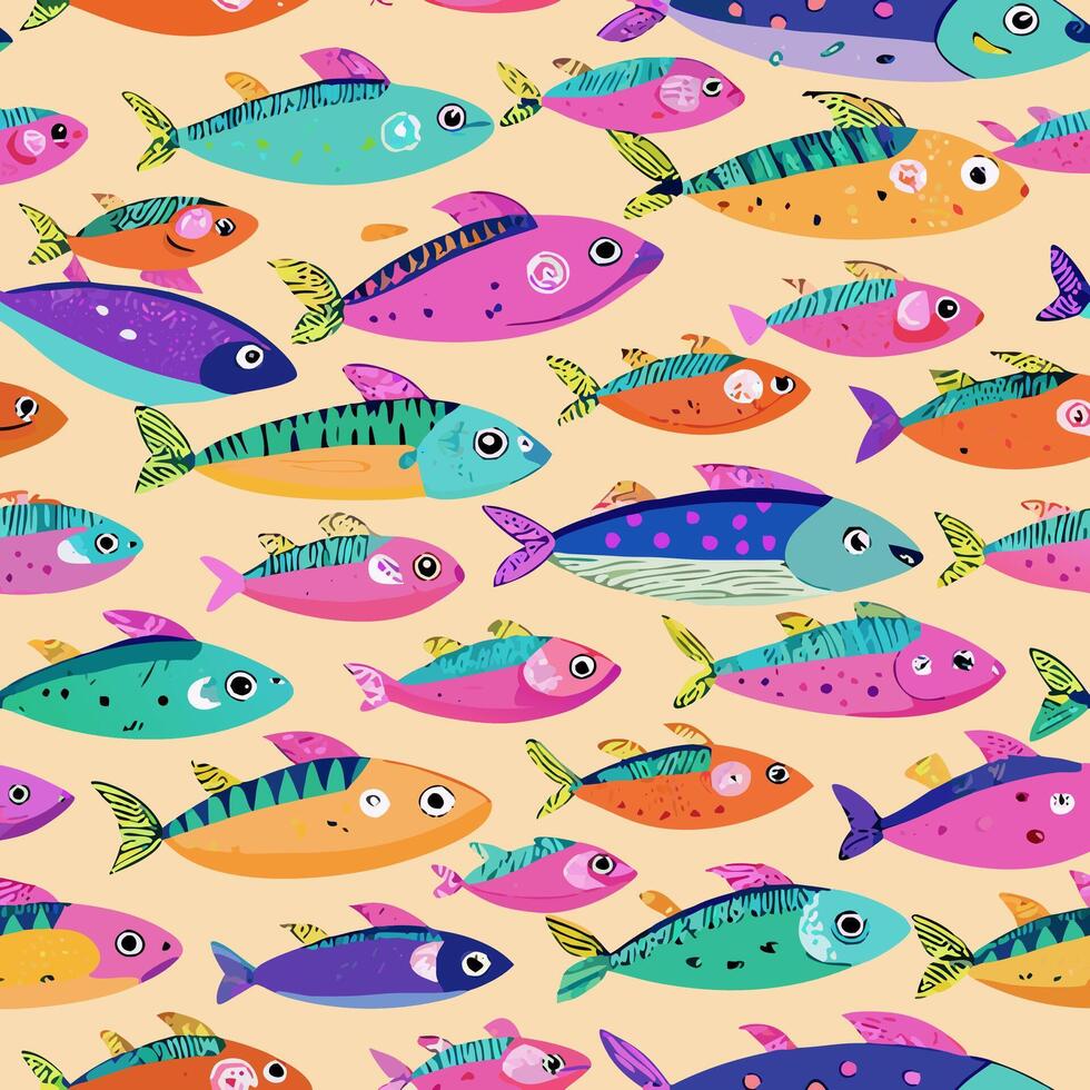 Colorful Fish Seamless Pattern, Bright Tropical Fish Illustration, Underwater Marine Life Background vector