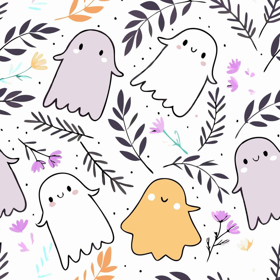 Cute Ghost Seamless Pattern Halloween Floral Design vector