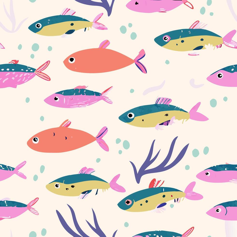 Colorful Fish Seamless Pattern Cute Marine Life Illustration vector