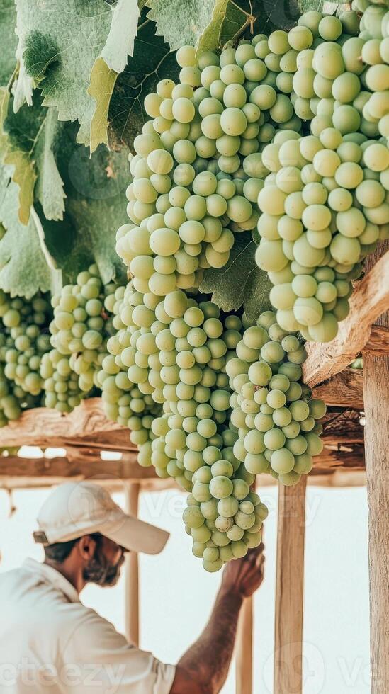 Green Grapes Hanging from Vines under Wooden Trellis Structure. Man tending Vines. Gardening and Vineyard scene. photo