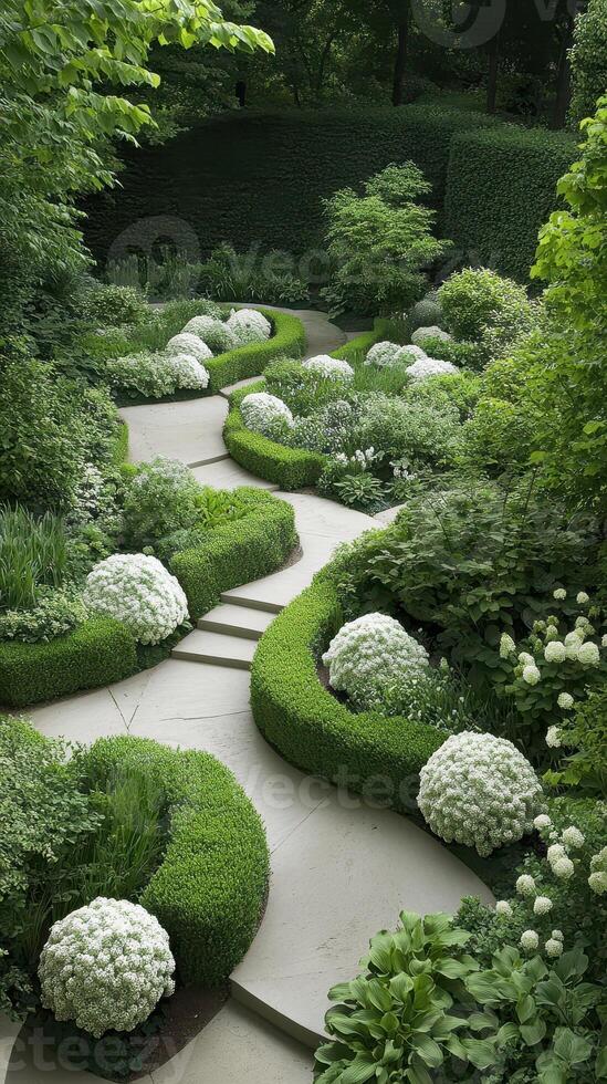 Green bushes surround stone pathway through lush garden. White blossom globes adorn gardening landscape. Curved hedges line walkway in summer setting. photo