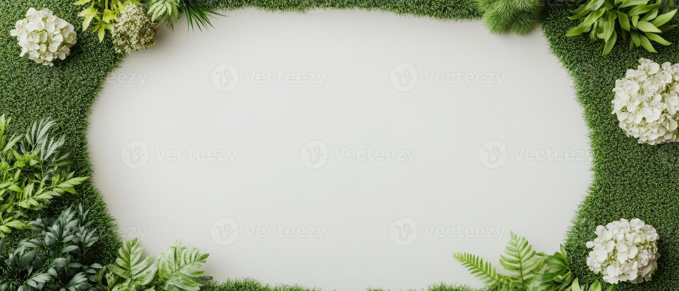Lush Greenery Frame. Assorted Plants Surround White Space. Garden Decoration Elements. Ferns, Hydrangeas, Green Border. Gardening Concept. photo