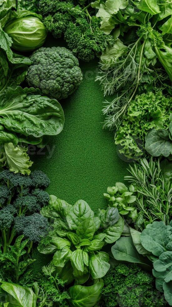 Fresh green vegetables assortment including broccoli lettuce and spinach arranged on green background gardening concept photo