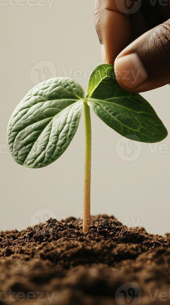 New plant emerging from soil. Hand touches fresh green leaves. Gardening process shows growth. photo