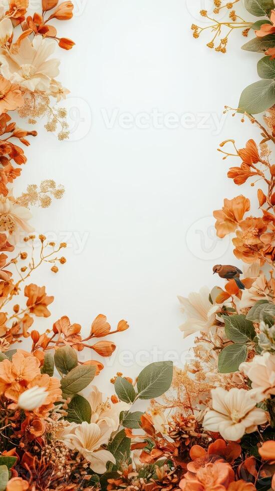 Floral Arrangement with Orange Flowers and Green Foliage Bordering a White Background with Bird Accent Ideal for Gardening photo