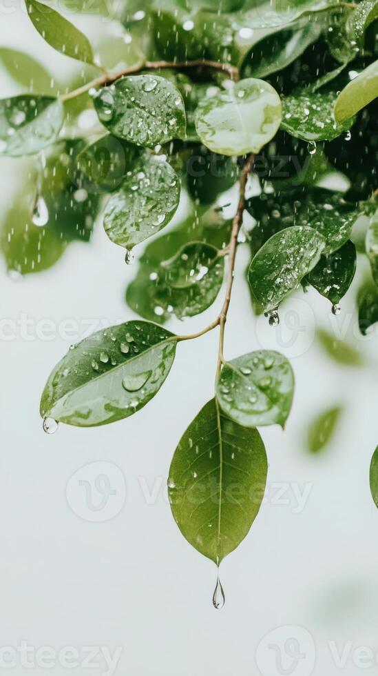 Fresh green leaves showing water droplets after rain. Bright closeup of foliage during watering. Scene evokes freshness and gardening concepts. photo