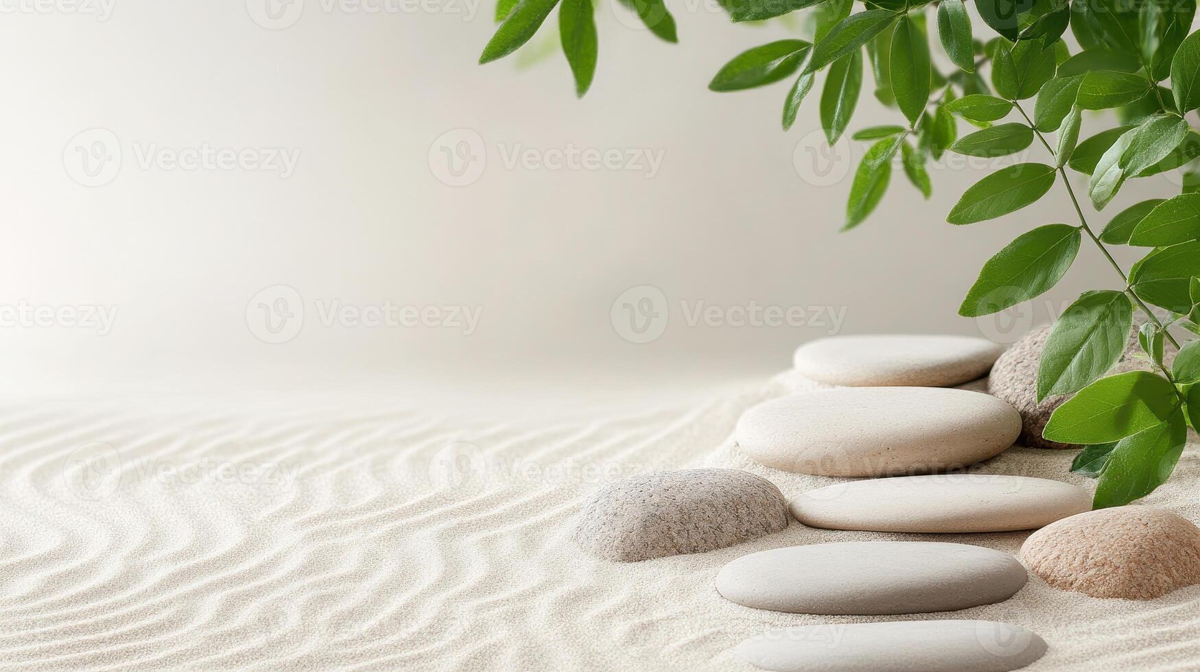 Smooth Stones Arrange on White Sand near Green Plant during Daytime showcasing Gardening Ideas. photo