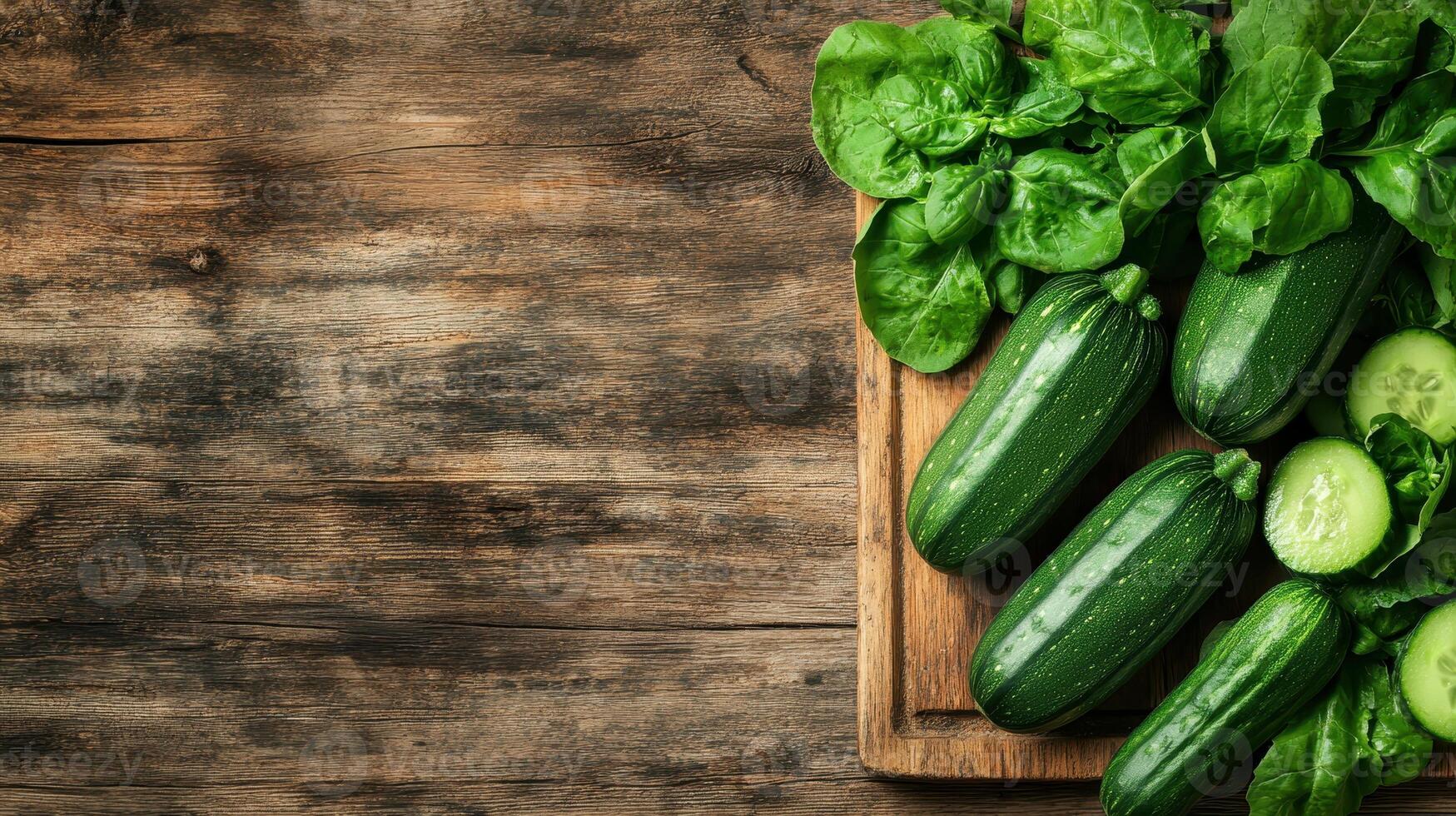Fresh green zucchinis and spinach leaves on wooden board ready for cooking healthy meal with gardening theme rustic background photo