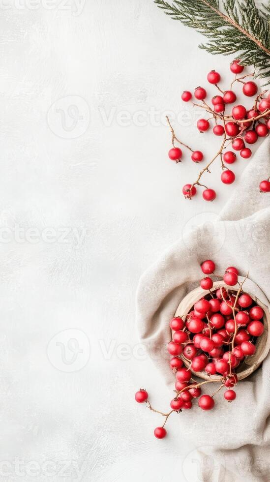 Red berries in bowl. Pine branch rests near cloth. White textured backdrop displays gardening elements on right side. Copy space on left. photo