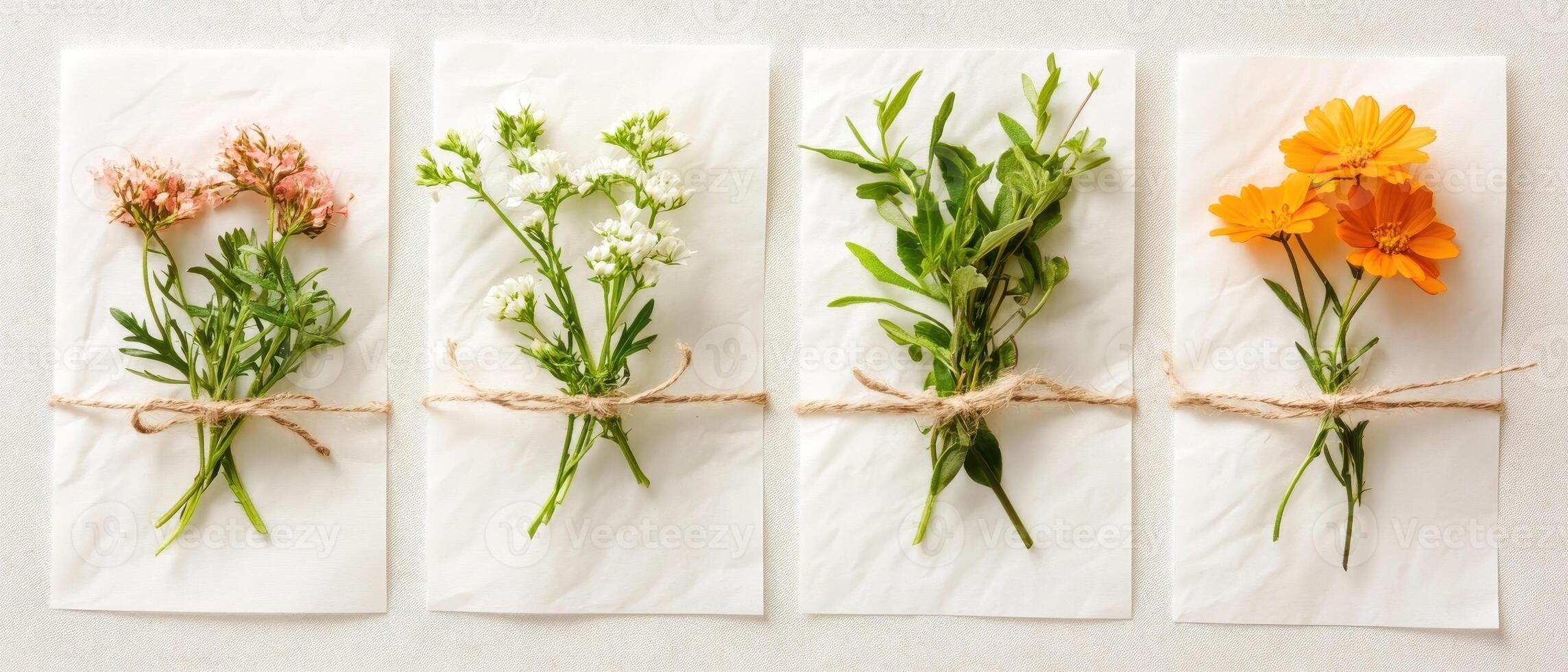 Small flower bundles lie on paper tied with string showing different plant forms used in gardening photo