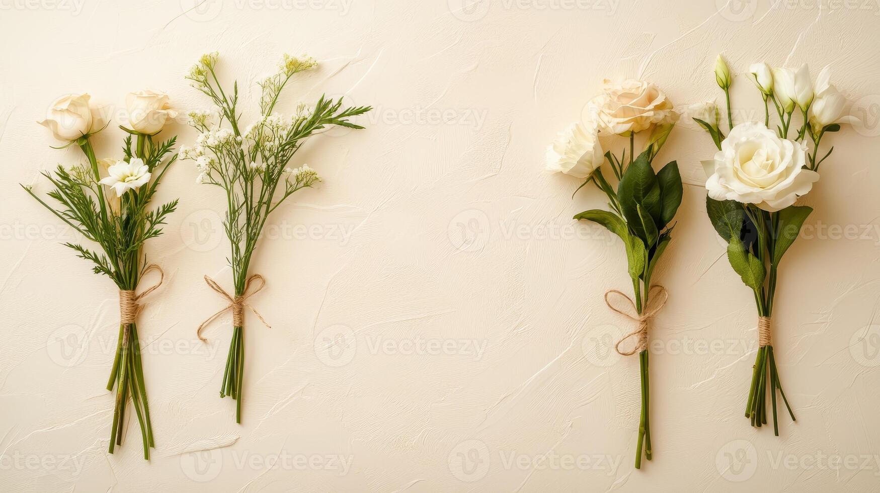 Floral Arrangements Lying Flat on Textured Surface Featuring Roses and Various Greenery tied with Twine in Gardening Concept photo