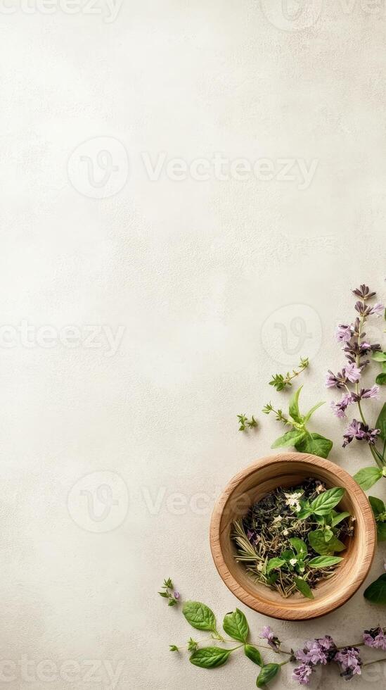 Fresh herbs and purple flowers arranged around wooden bowl on light surface for gardening concept preparation photo