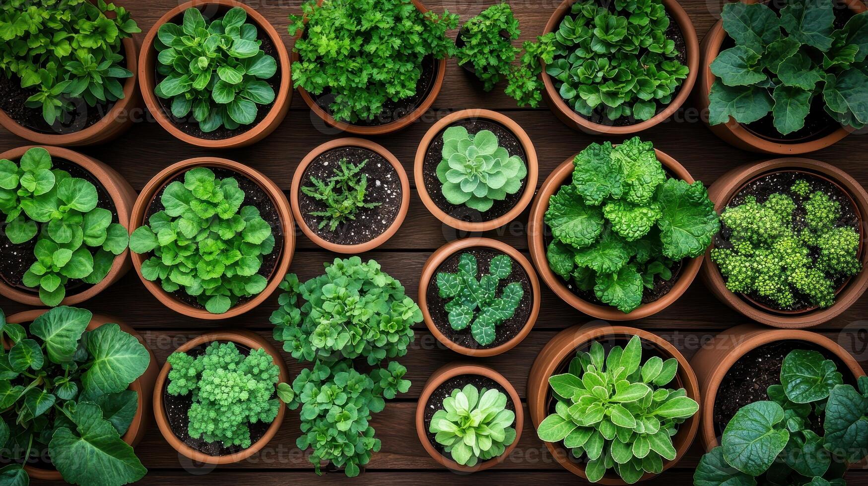 Various green plants grow in clay pots on a wooden surface. Top view shows several plants in a row. Gardening concept. photo