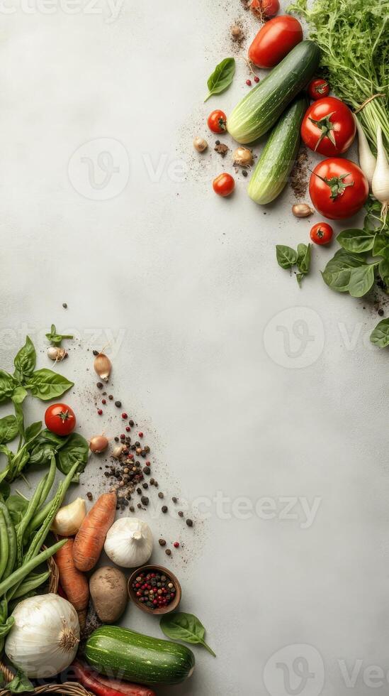 Fresh garden vegetables arranged on a gray surface. Tomatoes, cucumbers, beans, garlic, carrots, pepper, onions, zucchini and herbs. photo