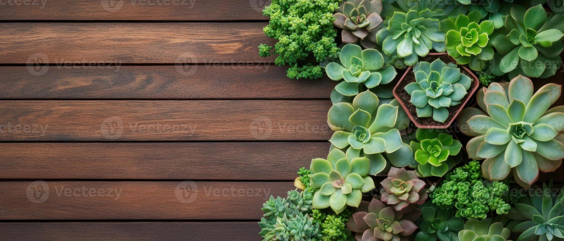 Succulent plants arranged on a dark wooden plank surface. Green rosettes of echeveria. Top down view. Lush foliage decorates the wall, creating a garden. photo