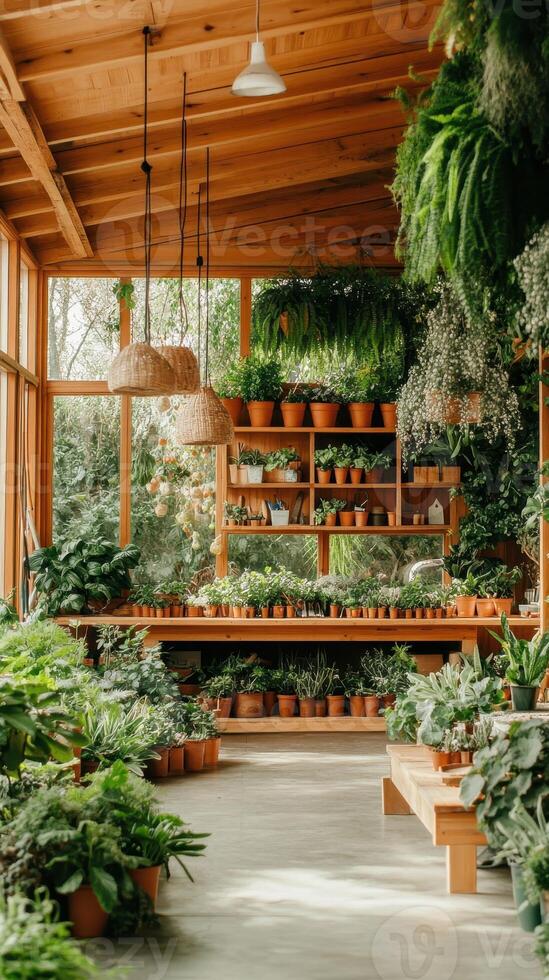 Abundant Plants in Greenhouse. Rows of Potted Plants, Shelves and Hanging Baskets Inside Bright Wooden Structure. Gardening concept. photo