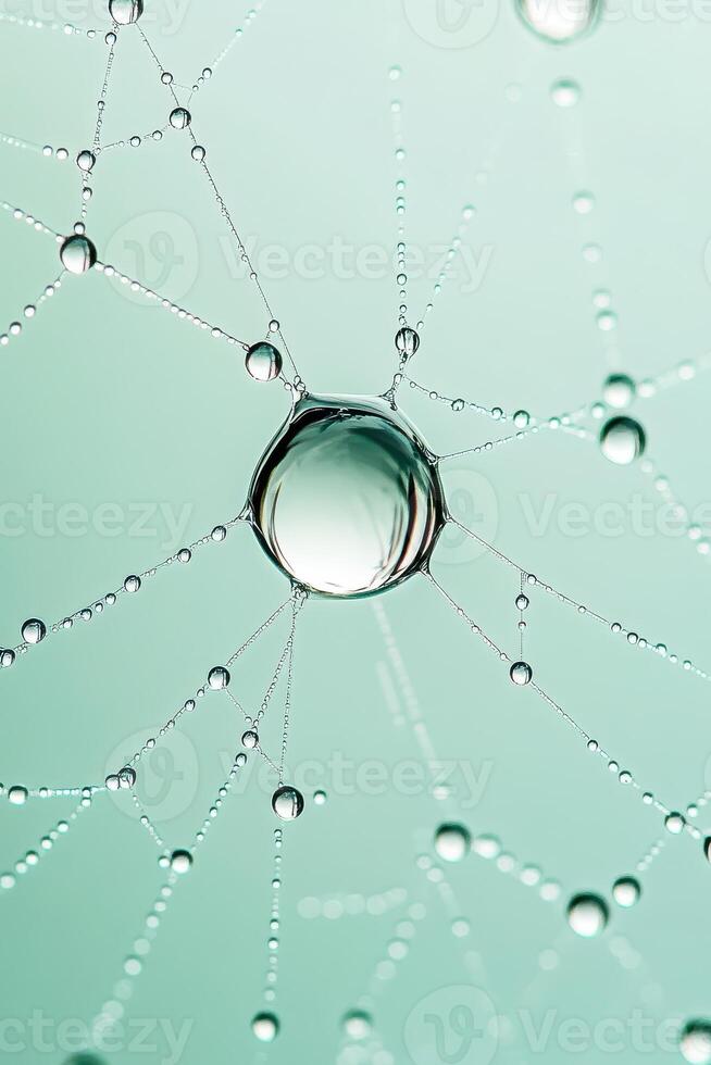 Water droplets cling to web in garden. Light reflects in spherical drops on delicate structure. Dewy garden after rain. Close up view of moist gardening element. photo