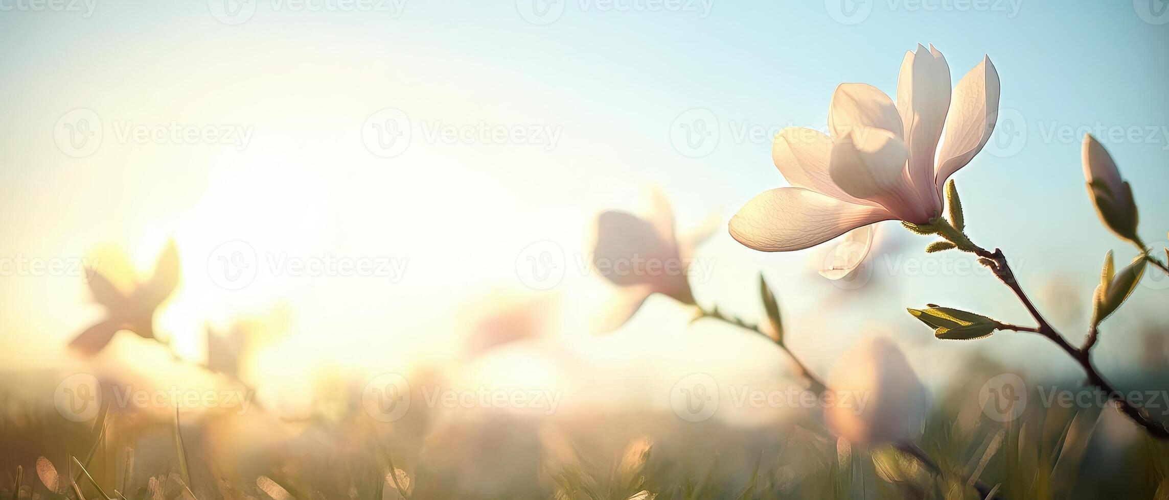 Magnolia blooms open in soft morning light. Petals reach towards sunshine. Spring growth in garden. Gardening project background. Floral beauty concept. photo