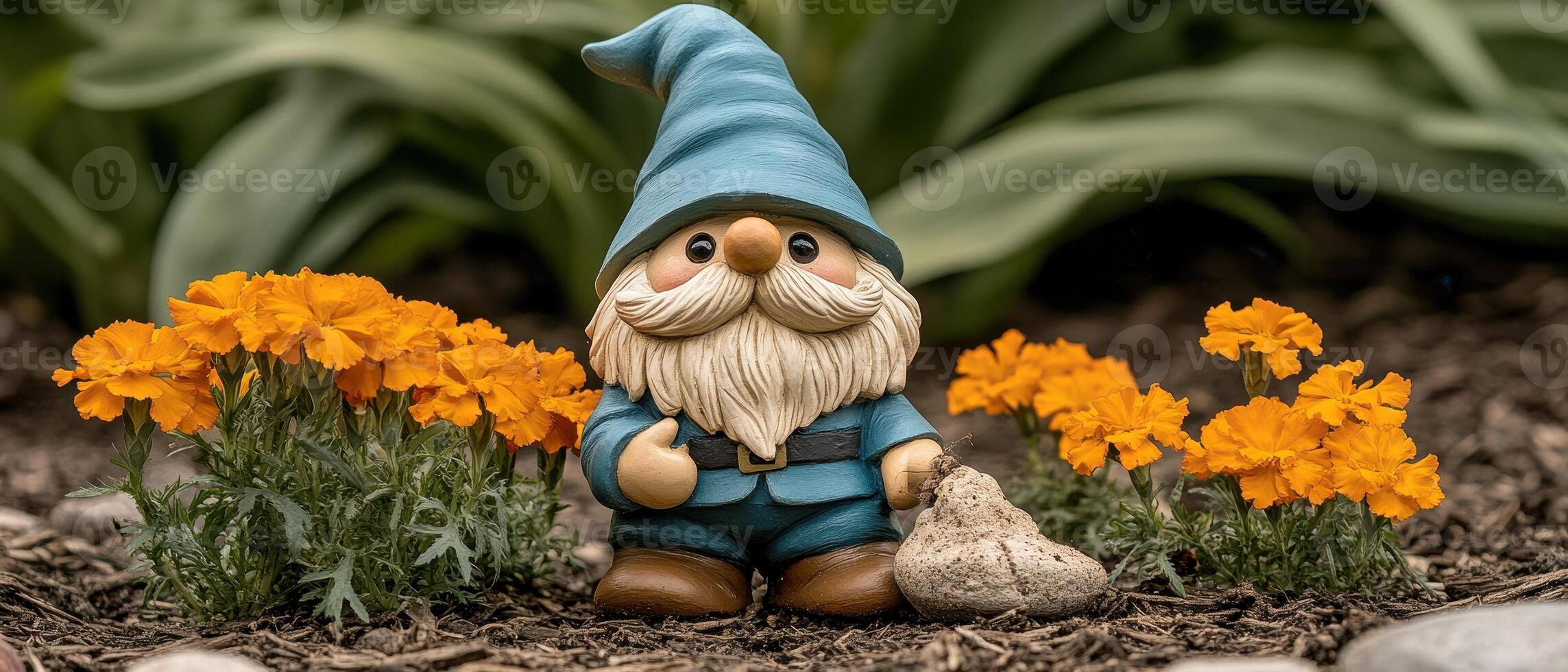 Garden gnome stands near orange blossoms. Small figure in garden. Gnome with beard and blue clothes. Outdoor scene depicts backyard gardening. photo