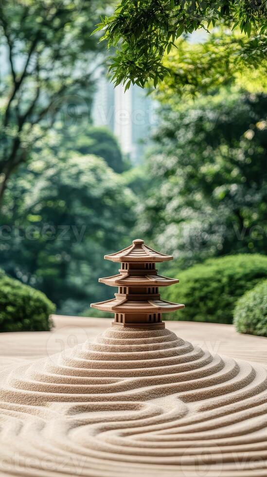 Zen garden with a pagoda on sand spirals, peaceful nature scene, blurred background of green trees and foliage, concepts for gardening photo