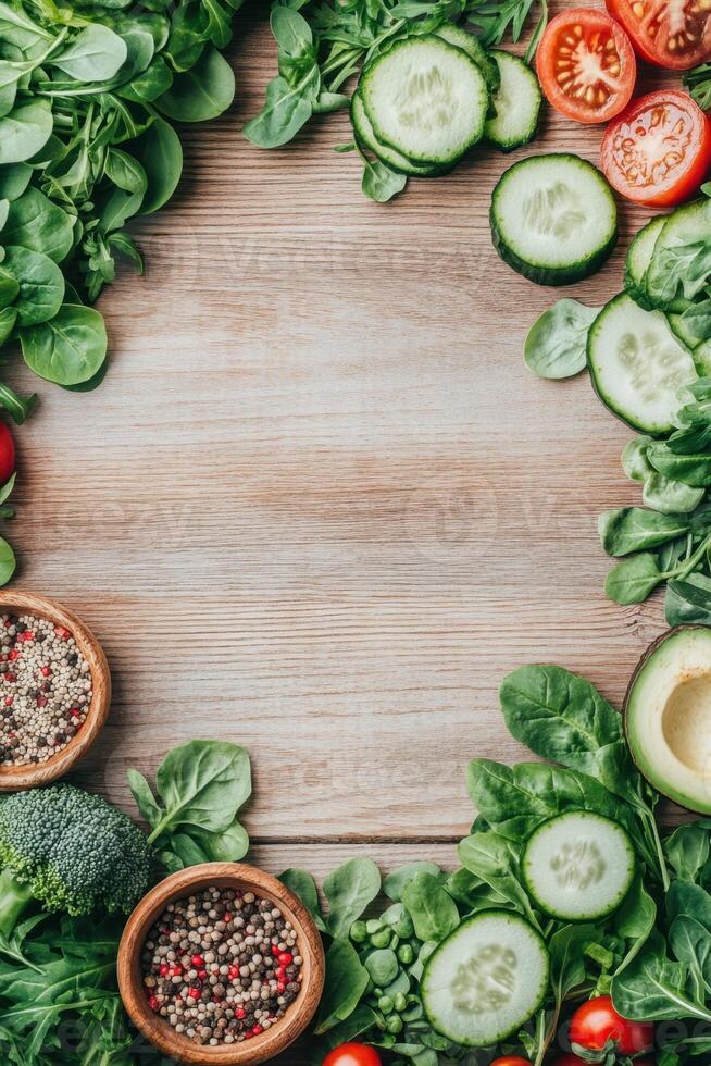 Fresh vegetables frame light wood surface. Healthy green salad ingredients with tomato, cucumber, avocado, spinach, broccoli. Two wooden bowls with seeds photo