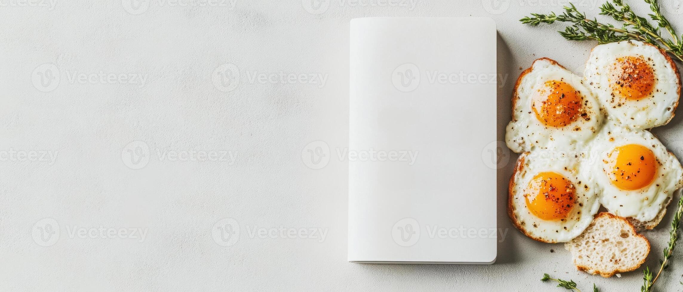 Fried eggs with thyme and bread near a blank notebook on a textured white surface for food menu or recipe design photo