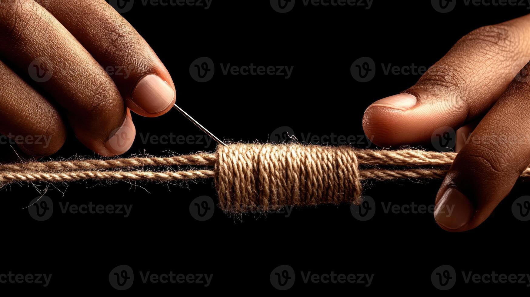 Dark hands sew brown string with a needle. A thick coil of rope is being secured on black background. photo
