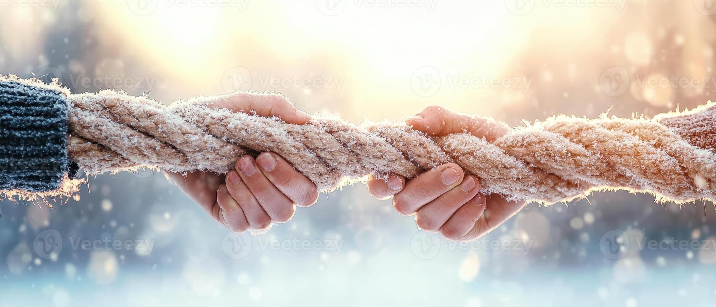 Hands grip thick rope covered with frost. Sunlight shines on winter scene with bokeh light. Snowy crystals cling to rough fiber. photo