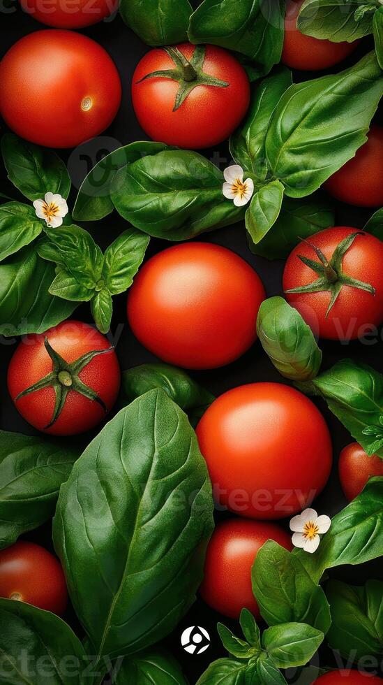 Fresh red tomatoes and green basil leaves arranged together on dark surface. Small white flowers interspersed amongst food elements. Close up detailed view. photo