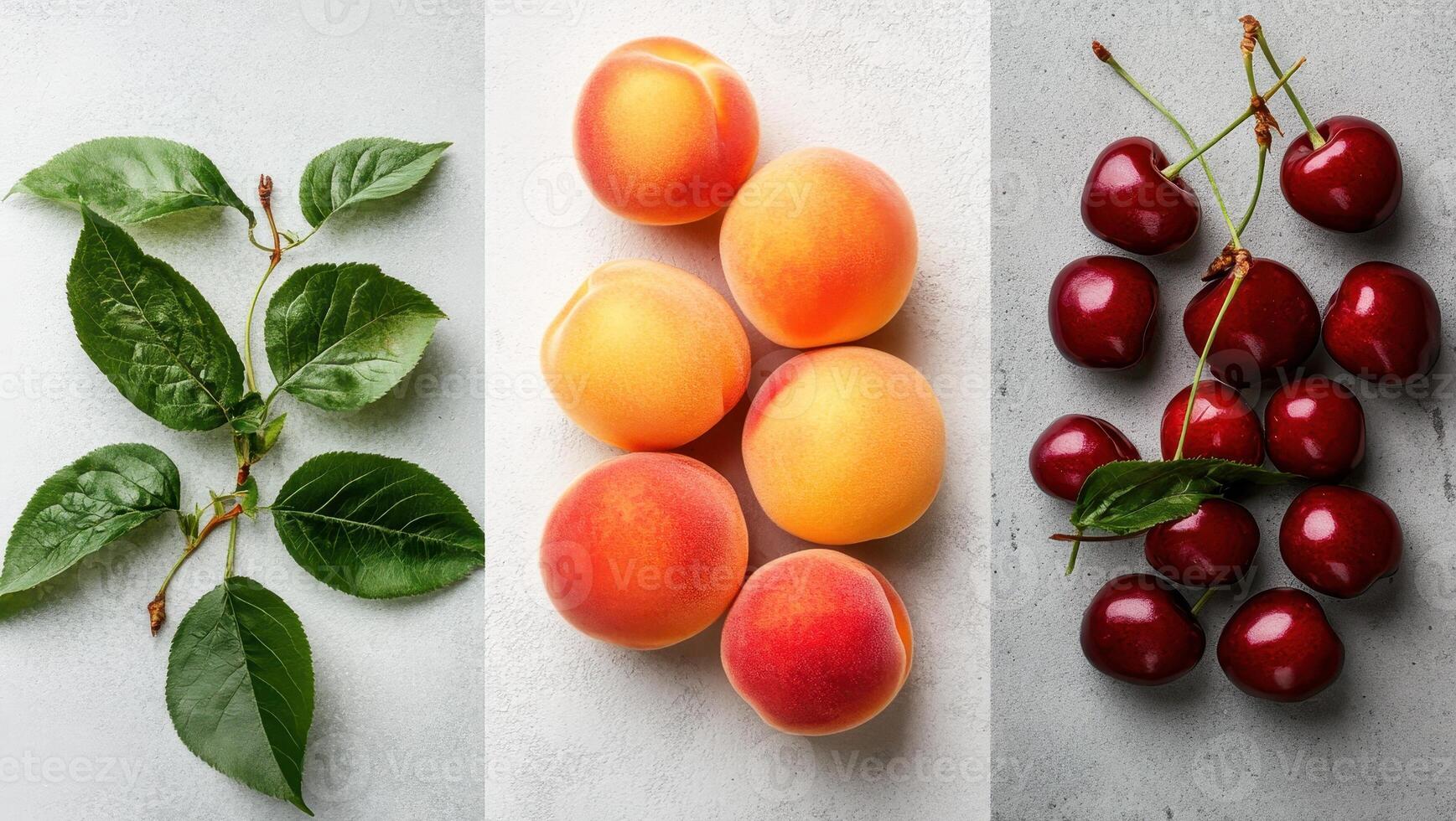 Green leaves and branch plus several peaches plus cherries with stems together on a textured surface in bright light photo