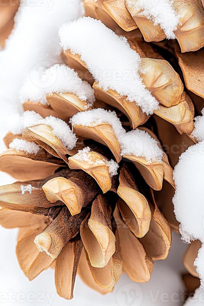 Pine cone covered in white snow. Winter scene featuring an isolated natural object. Brown and white colors creating seasonal contrast. photo