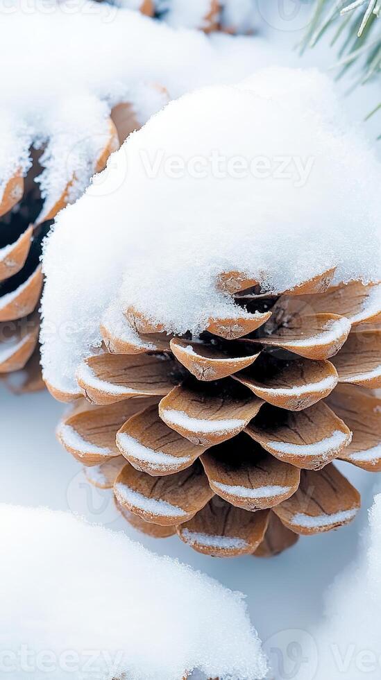 Pine cone covered in fresh snow. Winter season concept. Brown cone sitting on white surface. Nature and frozen background with coniferous plant. photo