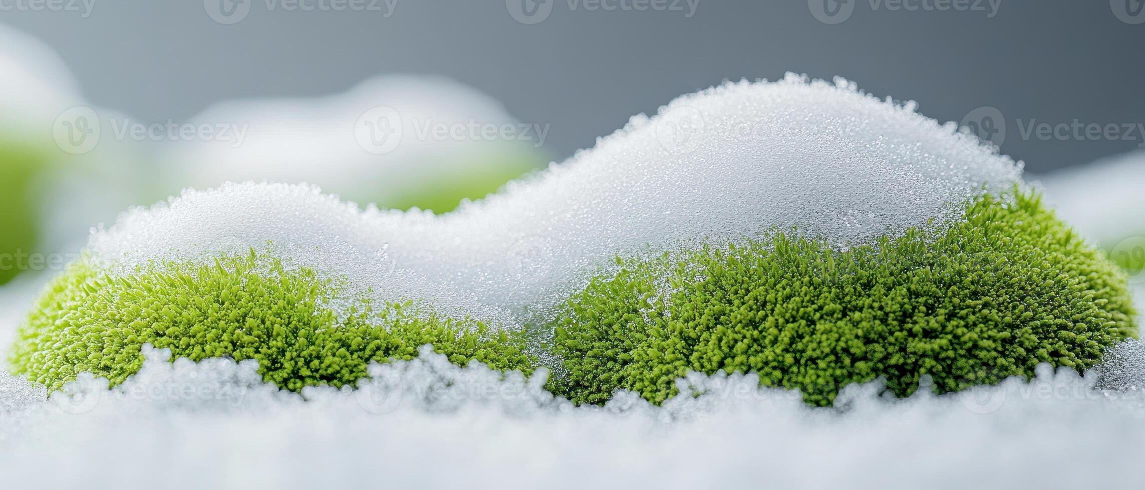 Green moss mounds under white snow. Fresh growth in winter. Small hill covered with ice crystals. Cold season in miniature scene. photo